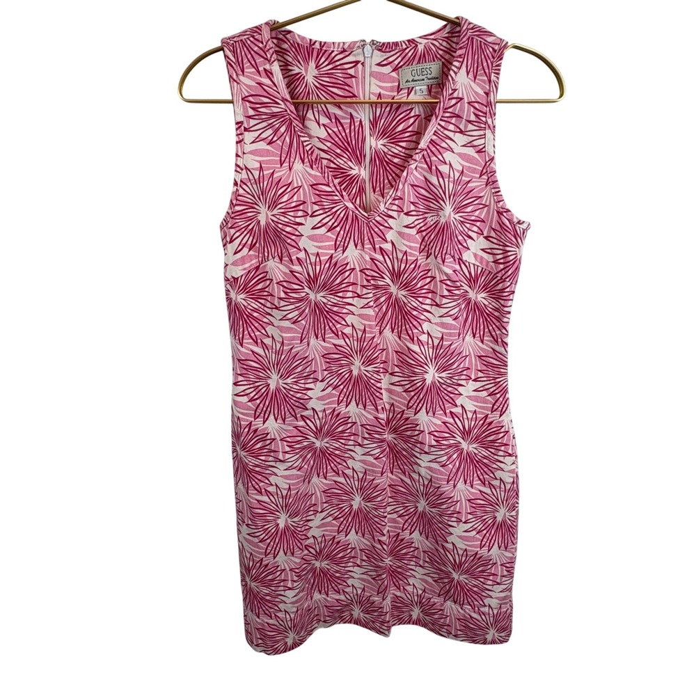 Vintage 90s Guess Pink White Floral Burst V-Neck Sleeveless Mini Dress Size 5/ M